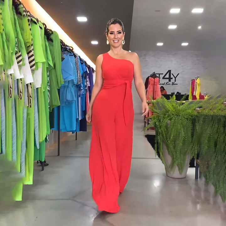 Elegant One-Shoulder Drape Wide-Leg Jumpsuit