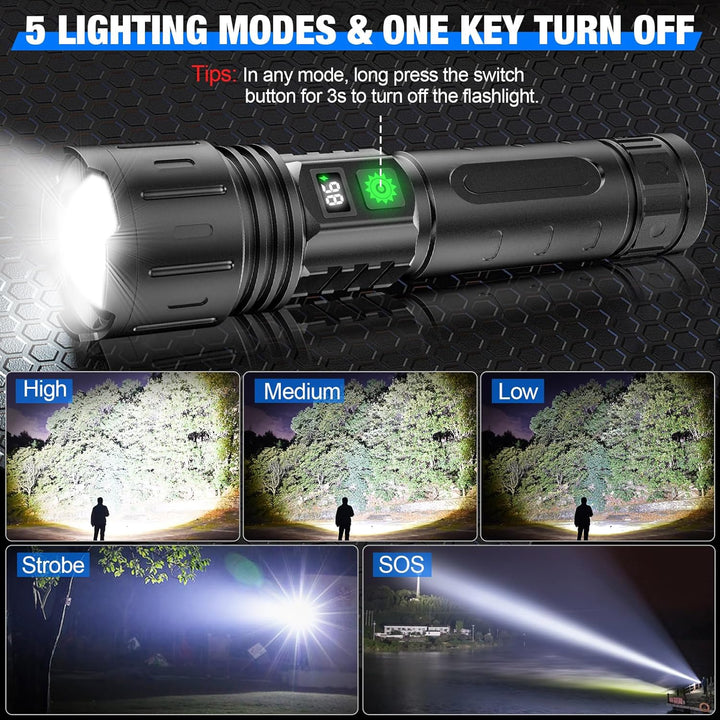 "100000 lumen tactical flashlight with LED, sturdy black aluminum body, LCD power display, ideal for outdoor use."