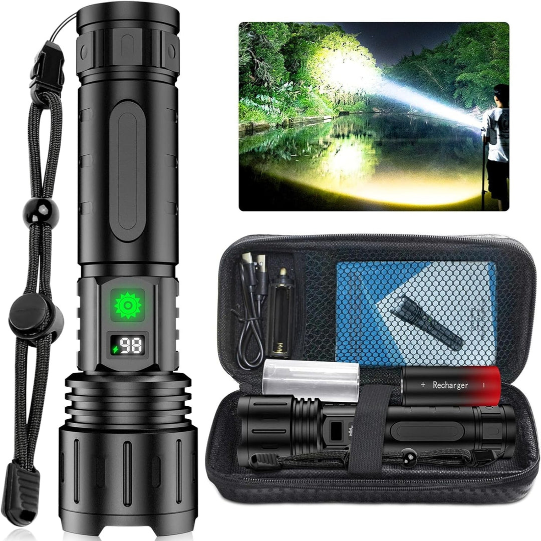 "100000 lumen tactical flashlight with LED, sturdy black aluminum body, LCD power display, ideal for outdoor use."