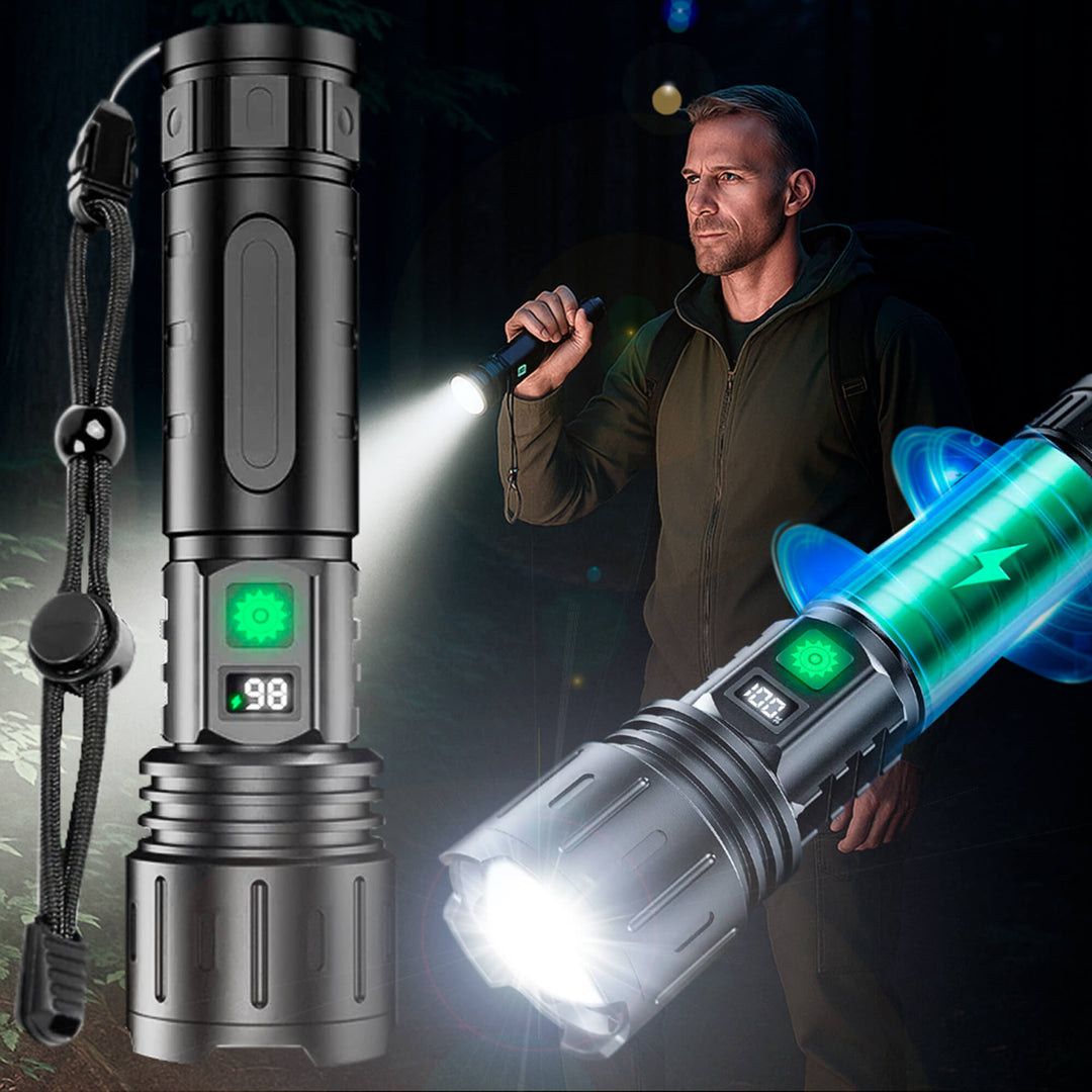 "100000 lumen tactical flashlight with LED, sturdy black aluminum body, LCD power display, ideal for outdoor use."
