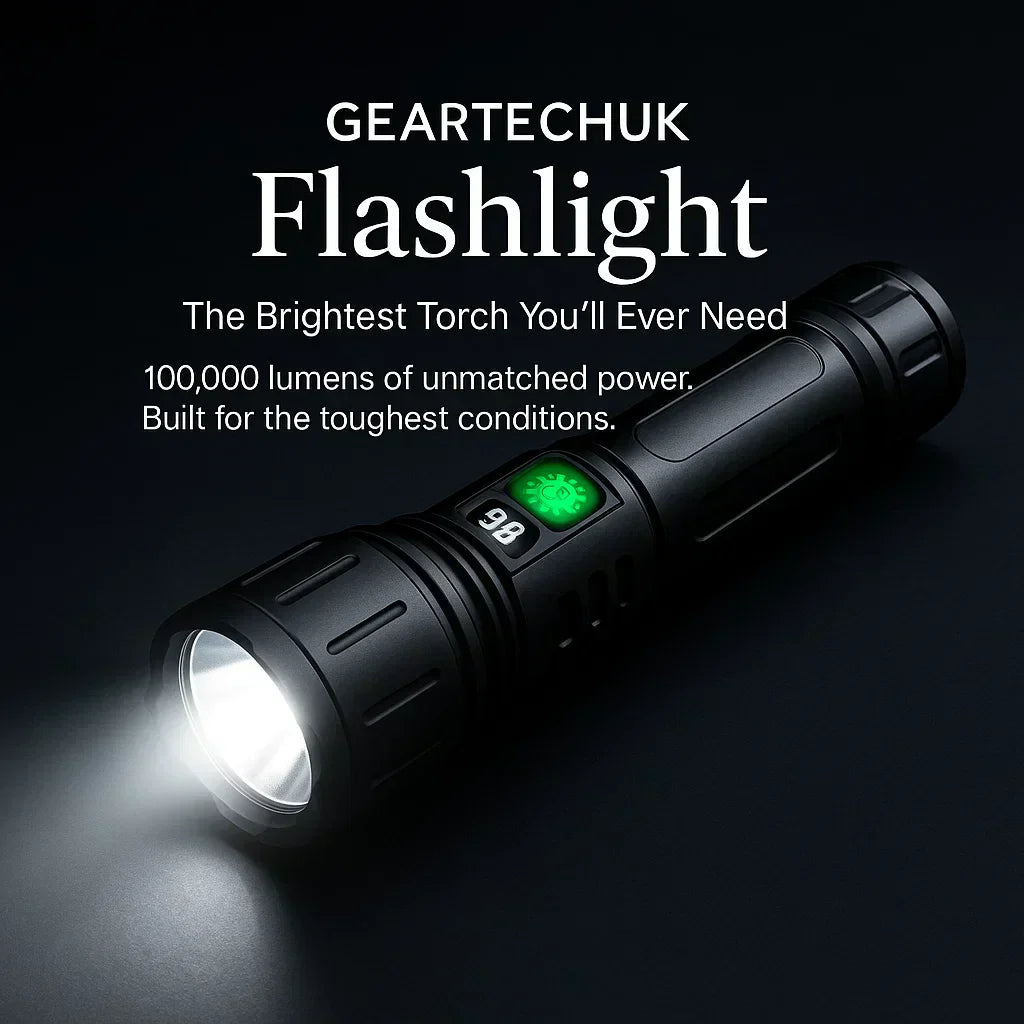 "100000 lumen tactical flashlight with LED, sturdy black aluminum body, LCD power display, ideal for outdoor use."