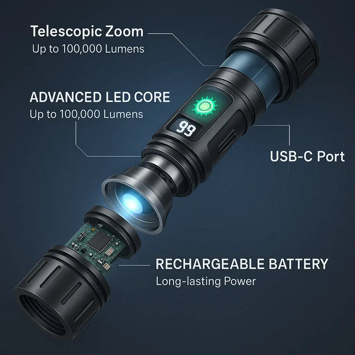 "100000 lumen tactical flashlight with LED, sturdy black aluminum body, LCD power display, ideal for outdoor use."