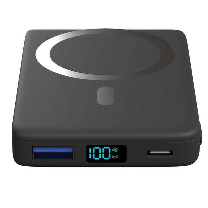 "10,000mAh MagSafe power bank for iPhone, sleek design, wireless charging, vibrant colors, portable, lightweight."