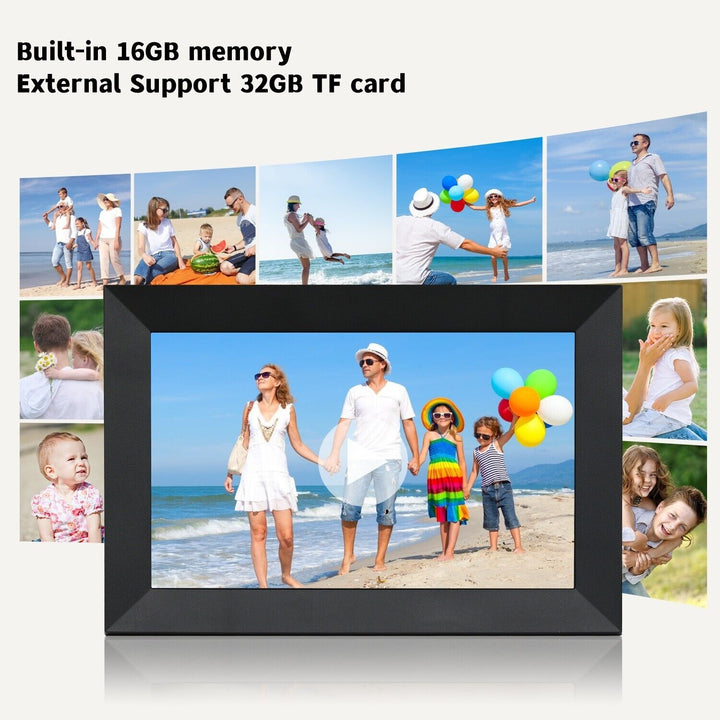 10.1-Inch WiFi digital photo frame with HD touchscreen, displaying vivid family photos, ideal for home decor and connectivity