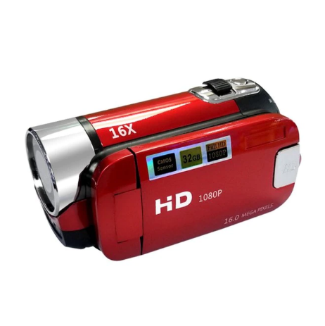 "1080P Full HD vlogging camera in black and red, with night shoot, anti-shake and built-in LED light for clear video."