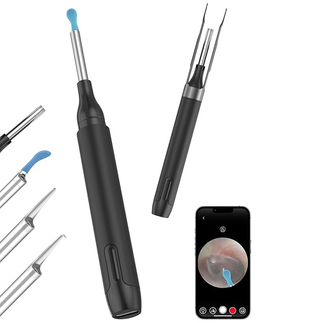 "1080P HD wireless ear camera with LED lights, ergonomic design for adults and kids, shown in close-up view."