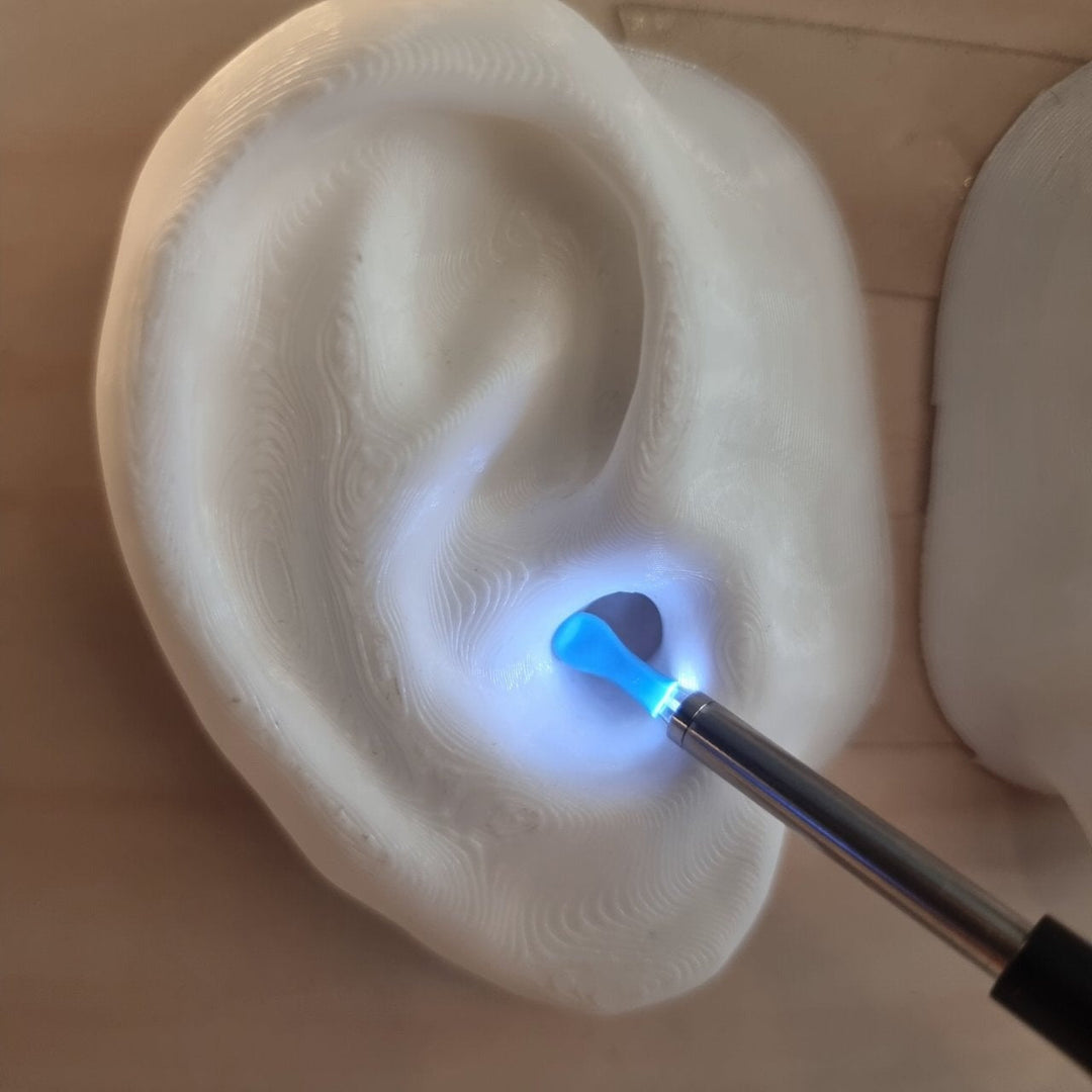 "1080P HD wireless ear camera with LED lights, ergonomic design for adults and kids, shown in close-up view."