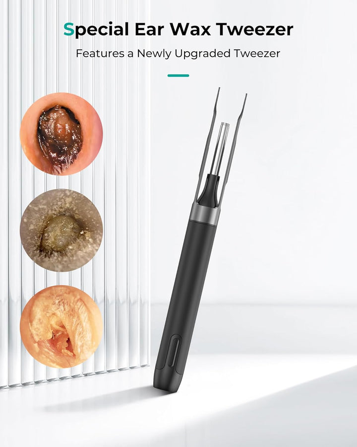 "1080P HD wireless ear camera with LED lights, ergonomic design for adults and kids, shown in close-up view."