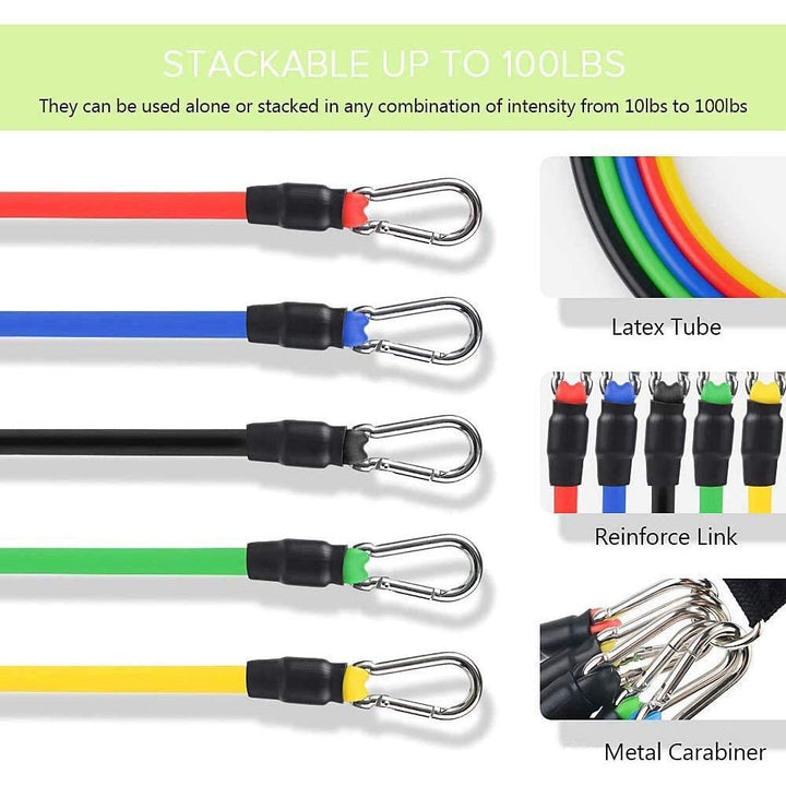 "11-piece unisex resistance bands set in vibrant colors, includes handles and straps, perfect for all fitness levels."