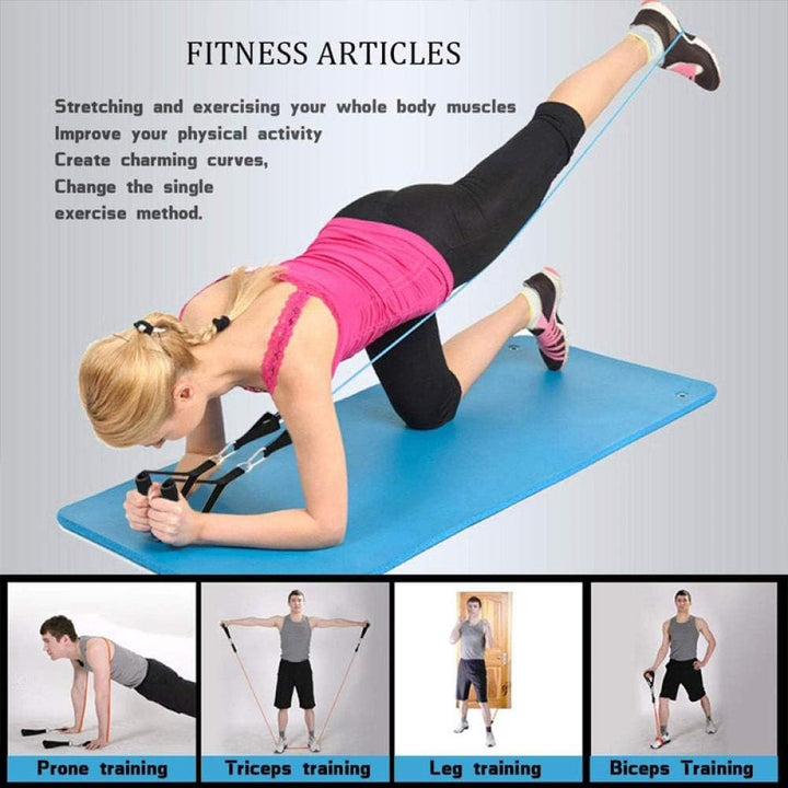 "11-piece unisex resistance bands set in vibrant colors, includes handles and straps, perfect for all fitness levels."