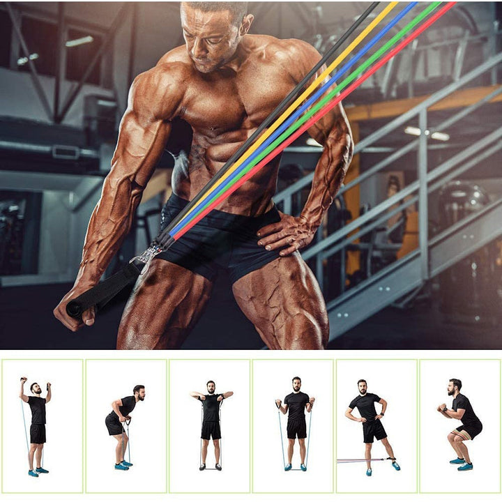 "11-piece unisex resistance bands set in vibrant colors, includes handles and straps, perfect for all fitness levels."