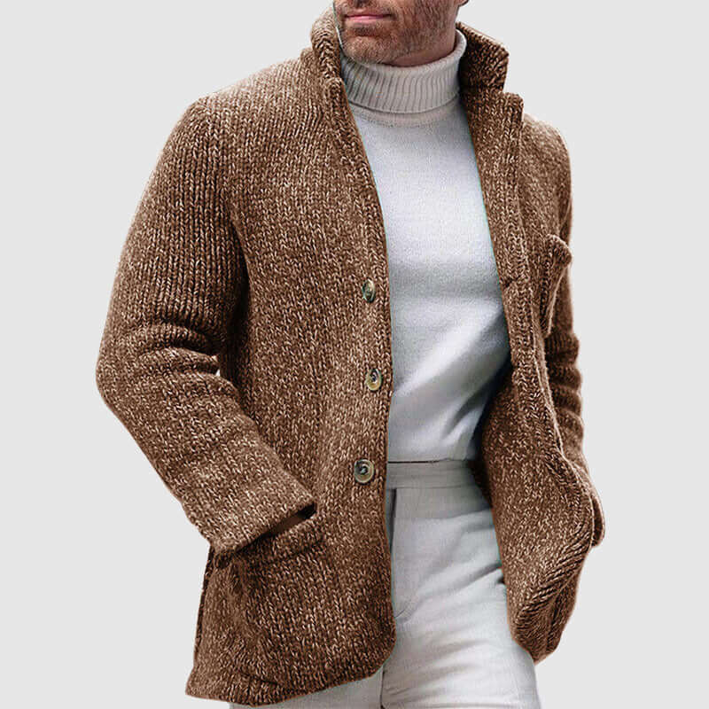 Men's Chunky Knit Cardigan with Stand-Up Collar