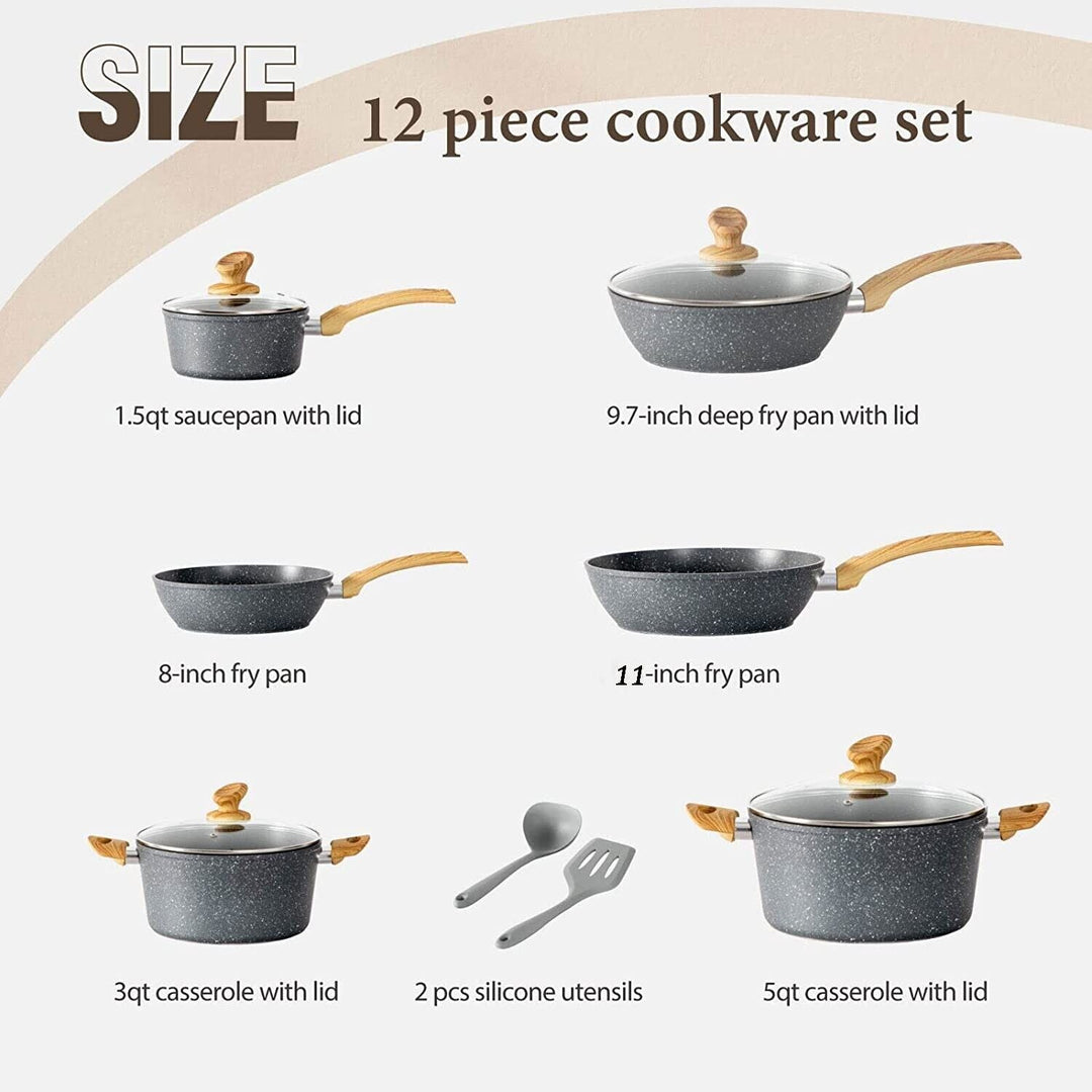"12-piece granite coated nonstick cookware set with glass lids and ergonomic handles, perfect for versatile kitchen cooking."