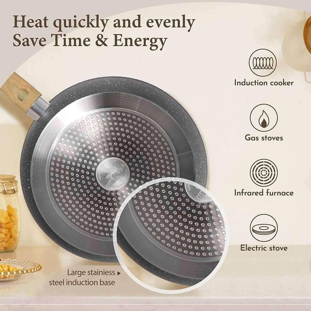 "12-piece granite coated nonstick cookware set with glass lids and ergonomic handles, perfect for versatile kitchen cooking."