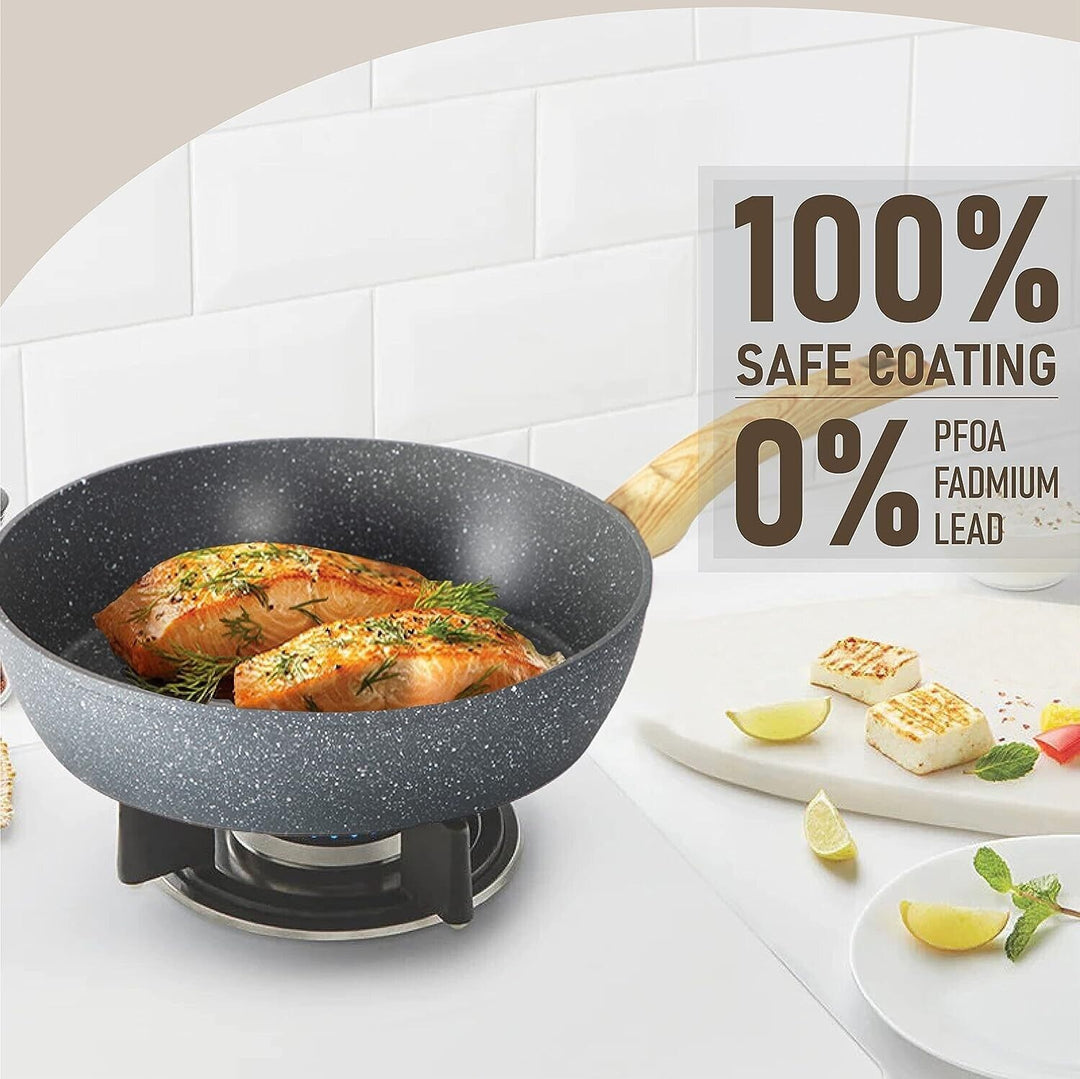 "12-piece granite coated nonstick cookware set with glass lids and ergonomic handles, perfect for versatile kitchen cooking."