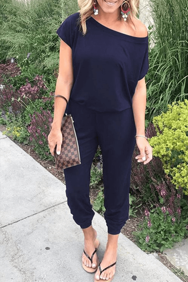 Women's Casual Loose Asymmetric Neck Jumpsuit