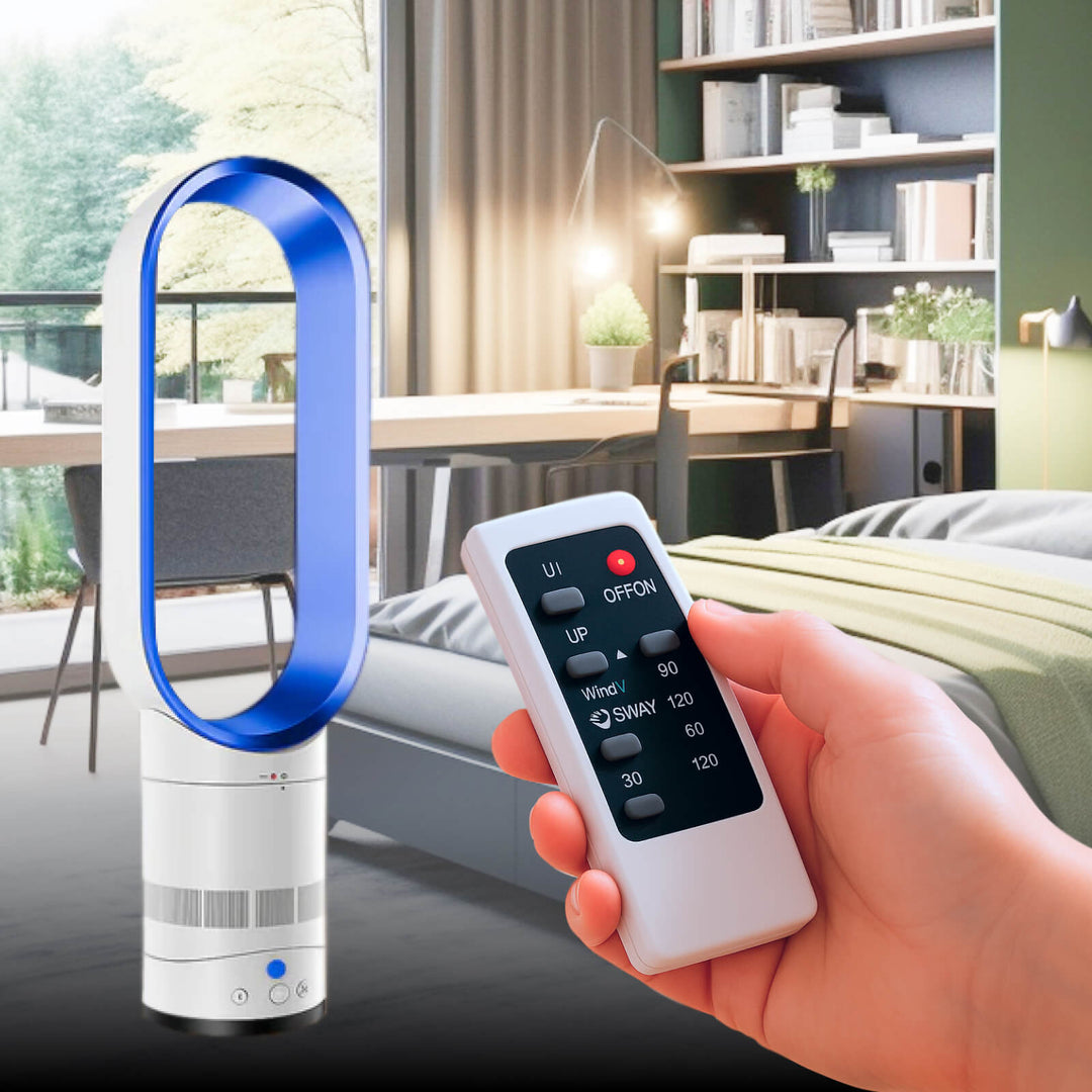 "16 Inch bladeless fan with remote, elegant bladeless design, safe for homes with kids and pets, modern home decor"