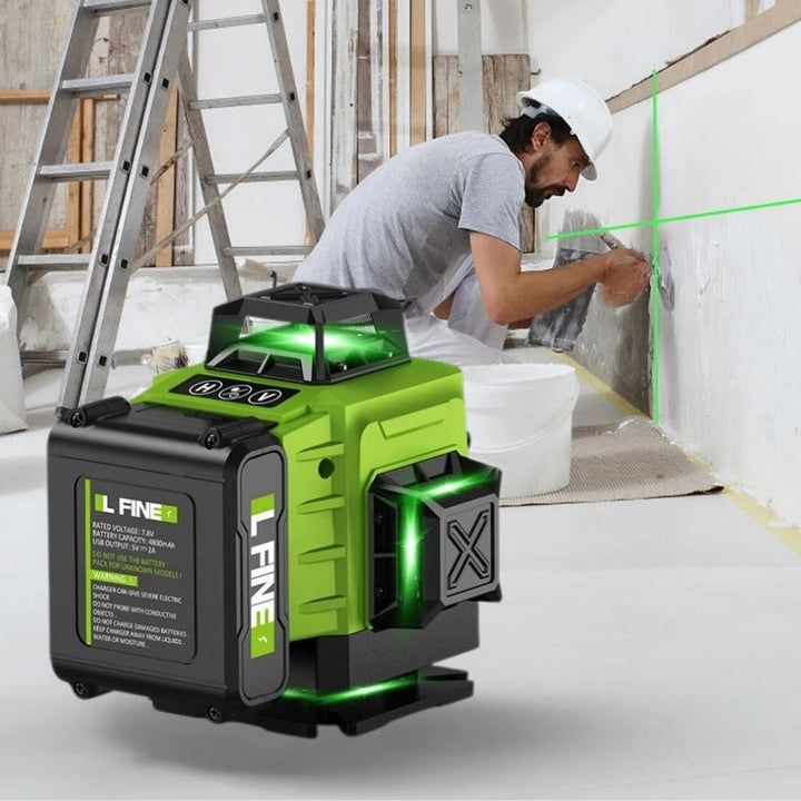 "16-line 4D laser level with 360° beams for precision measurements, IP54 rated, shown with battery and remote control."