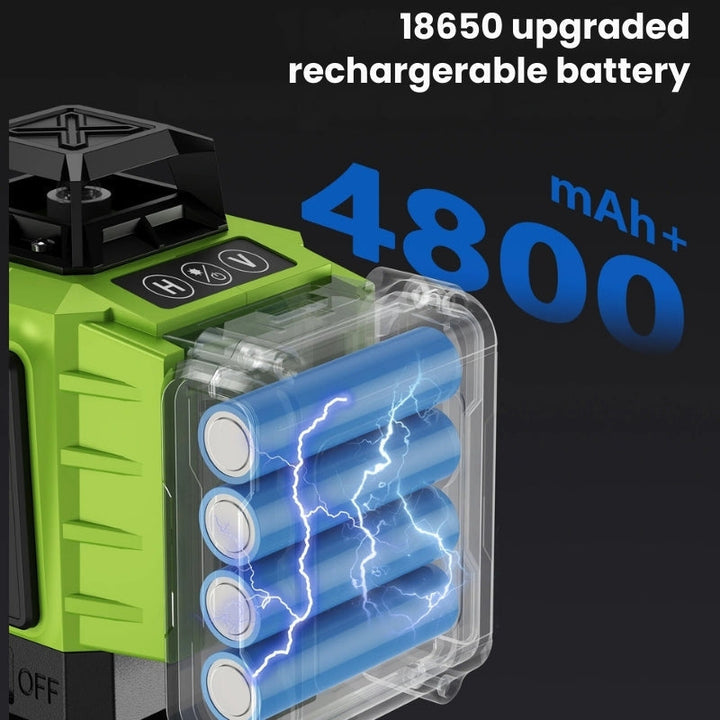 "16-line 4D laser level with 360° beams for precision measurements, IP54 rated, shown with battery and remote control."