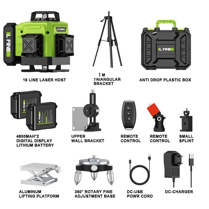 "16-line 4D laser level with 360° beams for precision measurements, IP54 rated, shown with battery and remote control."