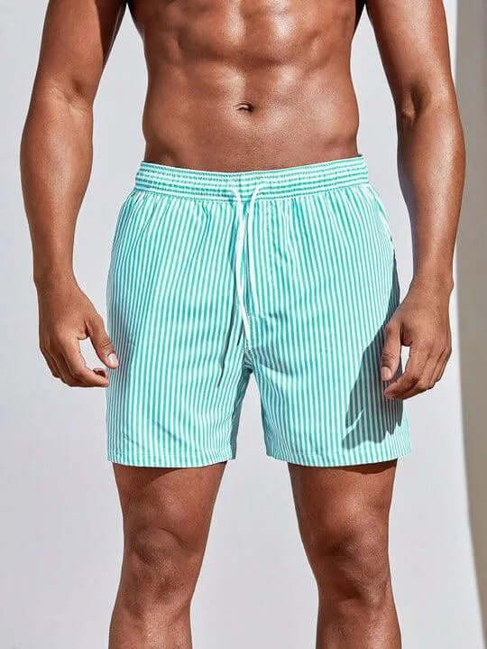 Men's Striped Quick-Dry Swim Shorts with Drawstring