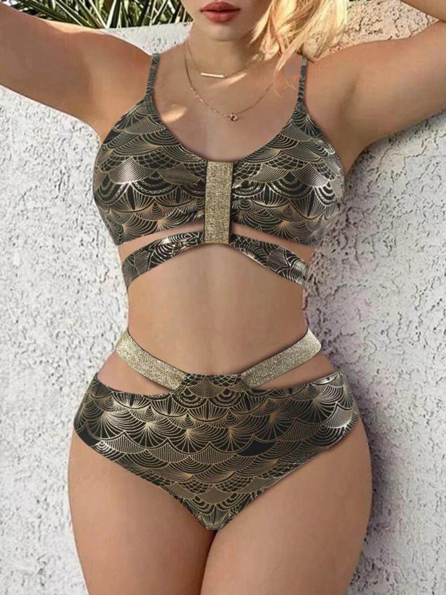 Metallic Stitch Push-Up High-Waist Bikini