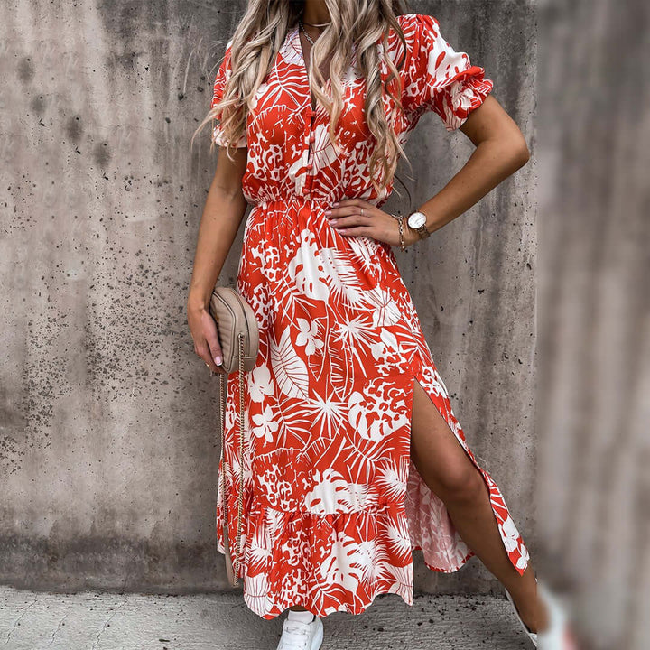 Floral V-Neck Puff Sleeve Midi Dress