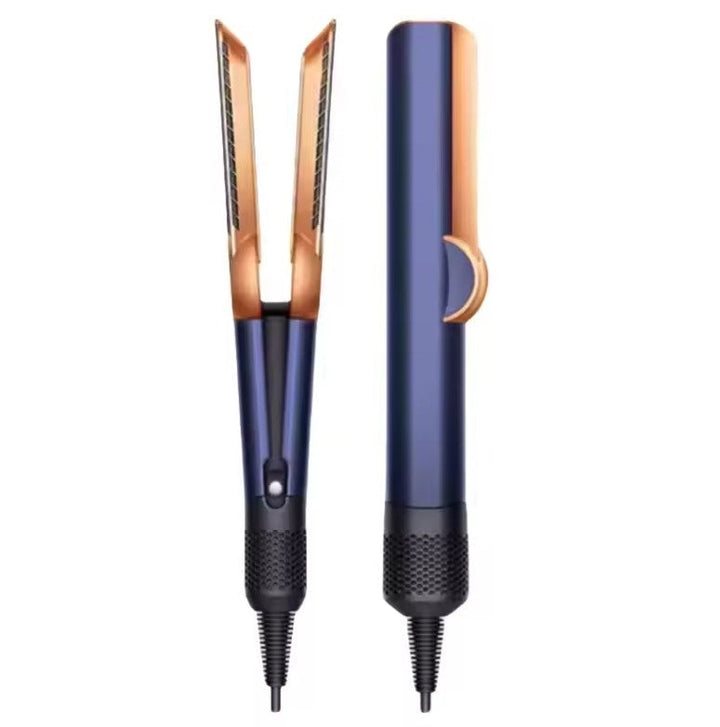 "2-in-1 hair dryer and straightener in blue and gold-gray, sleek design, with customizable heat settings, lightweight for tra