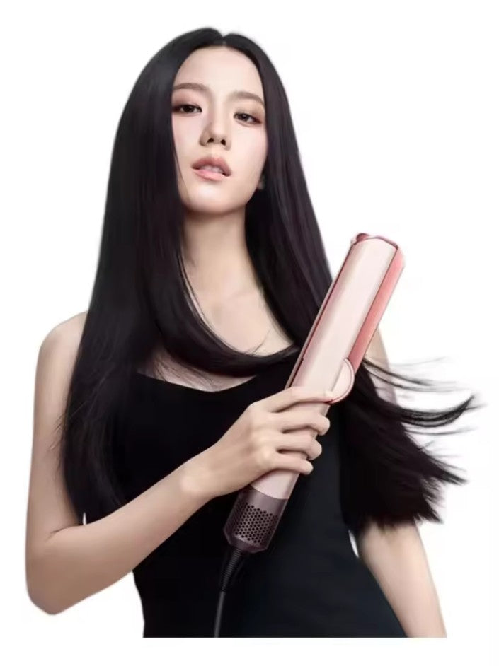 "2-in-1 hair dryer and straightener in blue and gold-gray, sleek design, with customizable heat settings, lightweight for tra