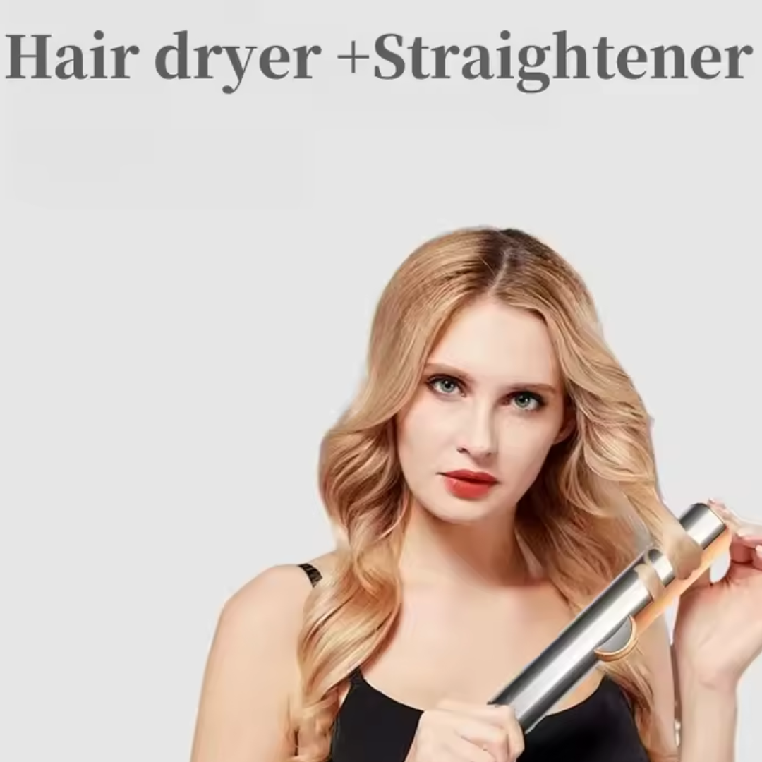 "2-in-1 hair dryer and straightener in blue and gold-gray, sleek design, with customizable heat settings, lightweight for tra