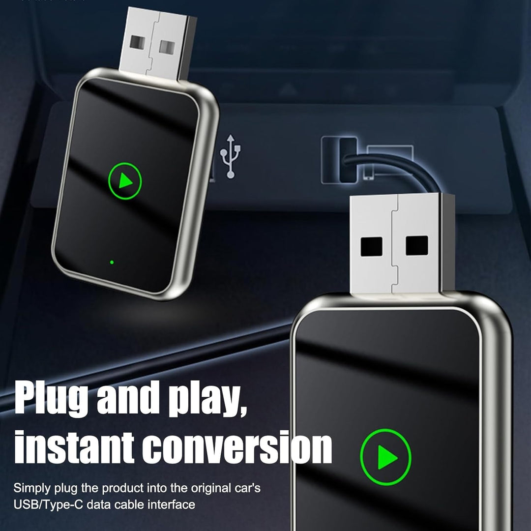 2-in-1 Wireless CarPlay & Android Auto adapter, compact design, seamless connectivity, clutter-free, plug-and-play solution.