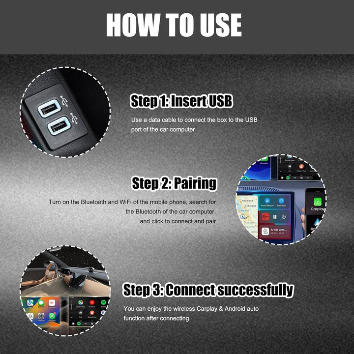 2-in-1 Wireless CarPlay & Android Auto adapter, compact design, seamless connectivity, clutter-free, plug-and-play solution.