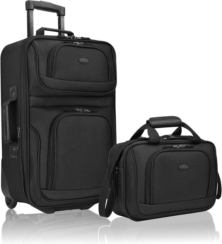 Black 2-piece carry-on luggage set, softside & expandable. Ideal for travel & weekend trips.