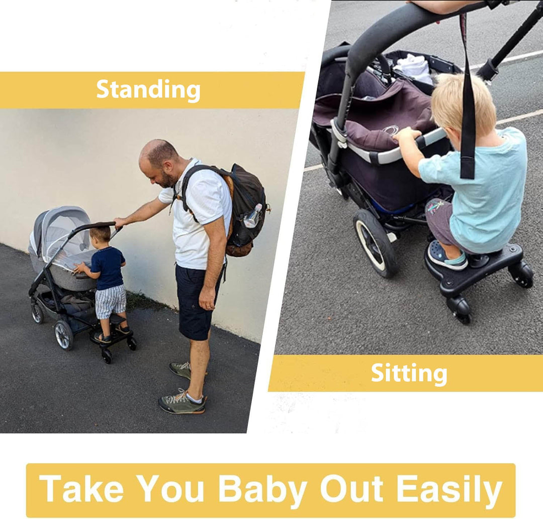"2-wheel buggy board with seat for strollers, black with 360° swivel wheels, removable seat, non-slip platform, suits toddler