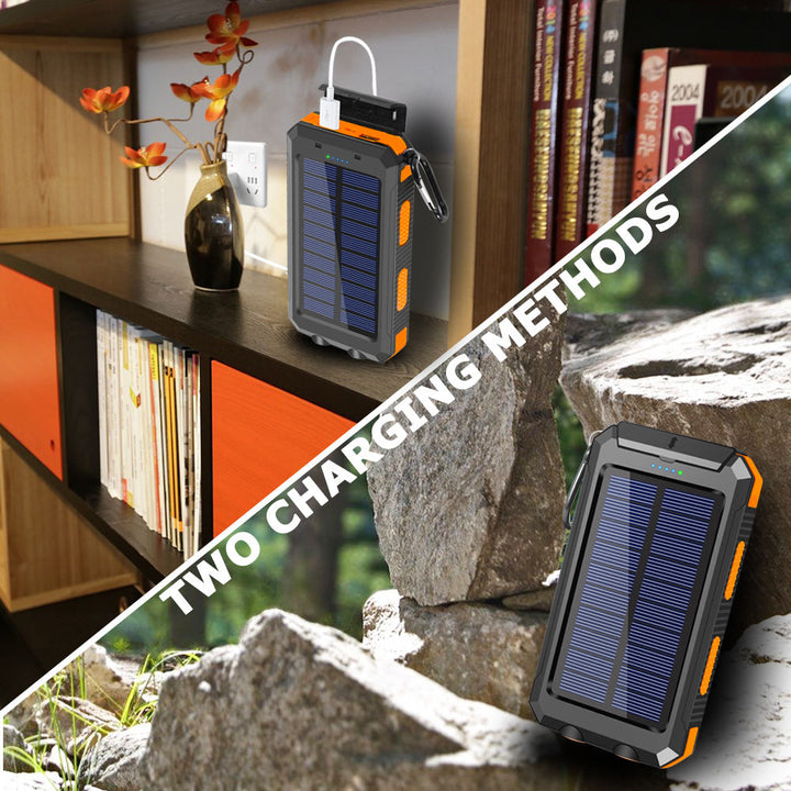 "20000mAh solar power bank with built-in light, weather-resistant, sleek design, ideal for travel and outdoor activities."