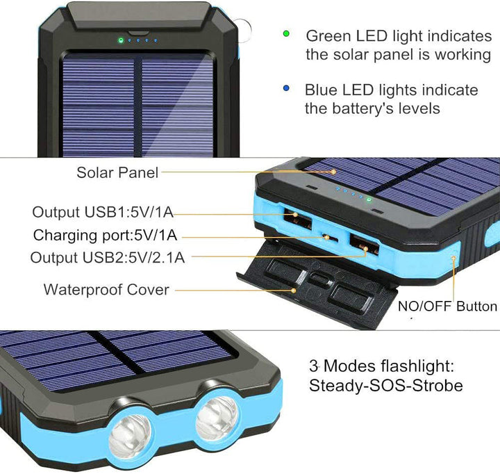 "20000mAh solar power bank with built-in light, weather-resistant, sleek design, ideal for travel and outdoor activities."