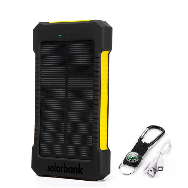 "20000mAh solar power bank with built-in light, weather-resistant, sleek design, ideal for travel and outdoor activities."