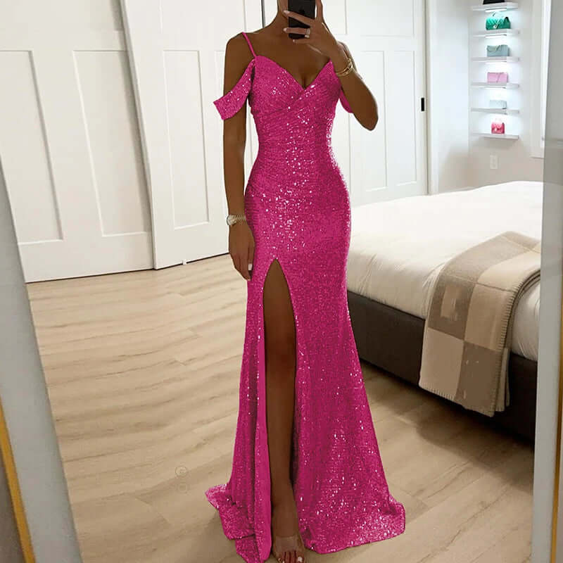 Sequin Evening Gown, Off-Shoulder, Figure-Hugging, V-Neck