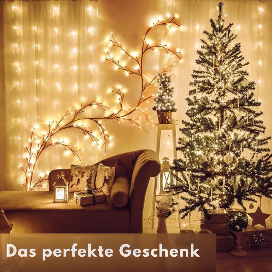 "2.3m LED grapevine fairy lights with remote, 144 LEDs, flexible modes, ideal for indoor/outdoor ambiance settings."