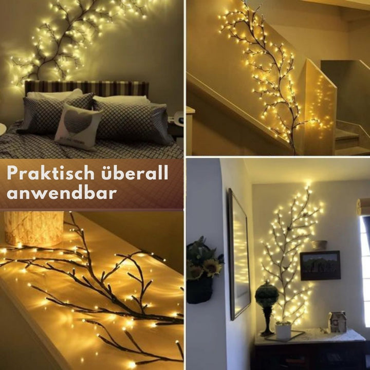 "2.3m LED grapevine fairy lights with remote, 144 LEDs, flexible modes, ideal for indoor/outdoor ambiance settings."