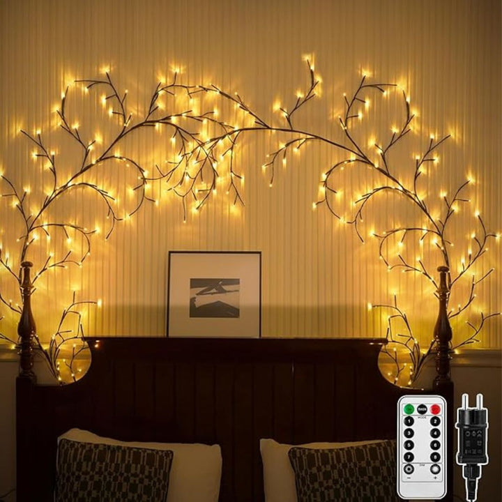 "2.3m LED grapevine fairy lights with remote, 144 LEDs, flexible modes, ideal for indoor/outdoor ambiance settings."