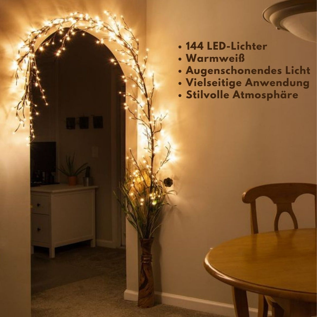 "2.3m LED grapevine fairy lights with remote, 144 LEDs, flexible modes, ideal for indoor/outdoor ambiance settings."