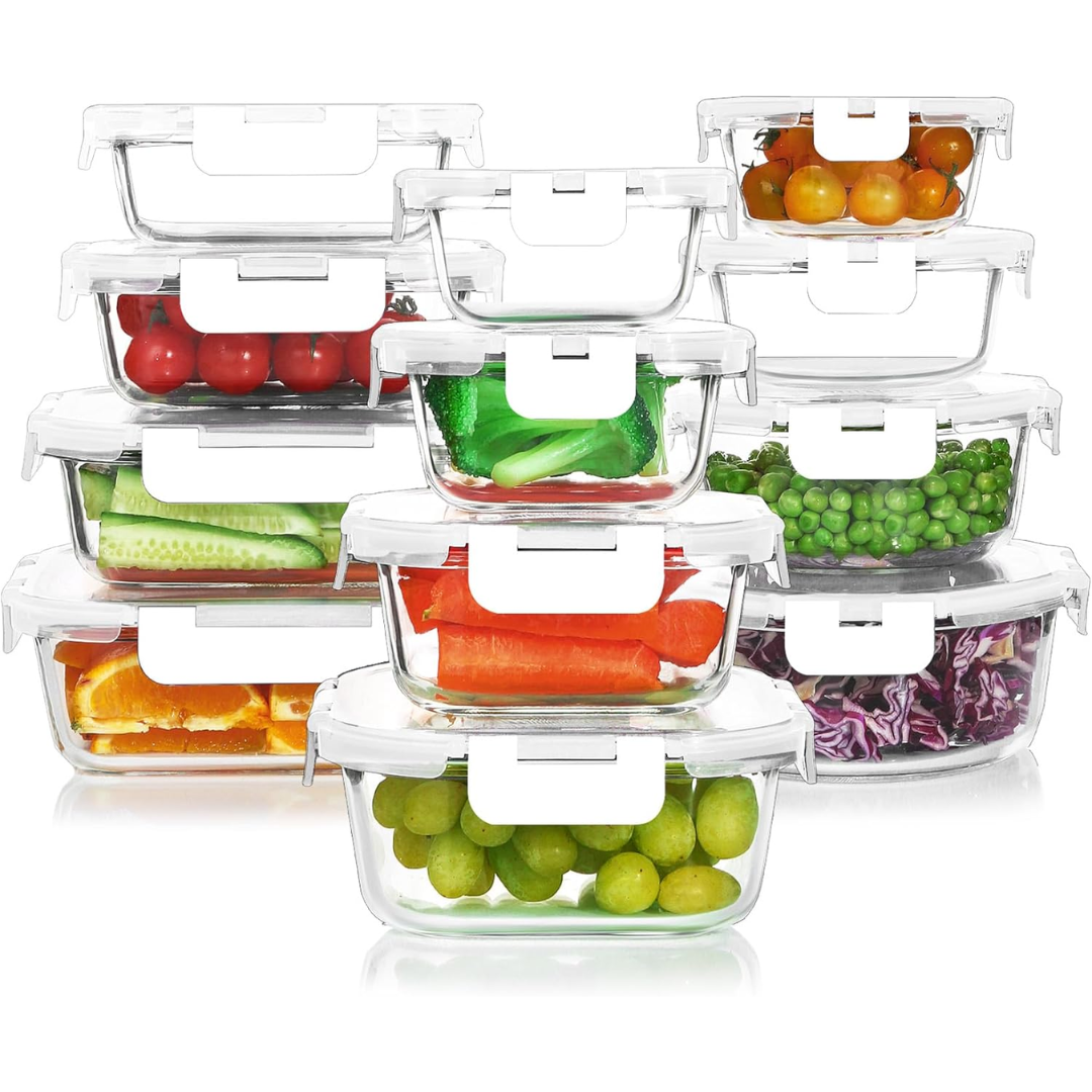 BPA-free 24-piece airtight glass food containers. Safe for oven, microwave, freezer. Healthy meal prep.