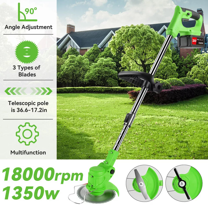 "24V cordless grass trimmer with adjustable head, cutting thick grass, garden paths, and edges for precise lawn care."
