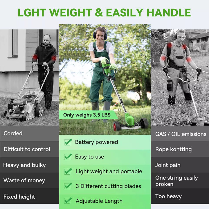 "24V cordless grass trimmer with adjustable head, cutting thick grass, garden paths, and edges for precise lawn care."