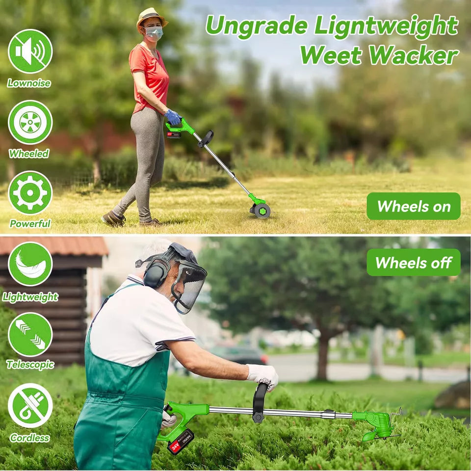 "24V cordless grass trimmer with adjustable head; lightweight, sleek design; ideal for trimming and edging in gardens."