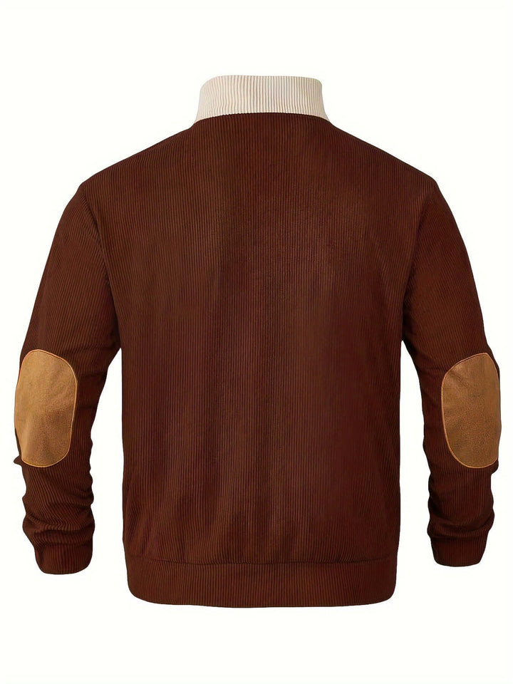 Men's Ribbed Quarter Button Sweater with Elbow Patches