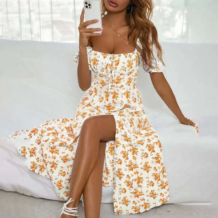 Summer Floral Print Dress with Drawstring