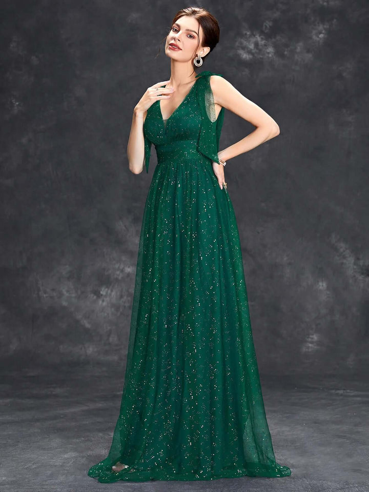 Glitter Embellished V-Neck Sleeveless Floor-Length Evening Gown