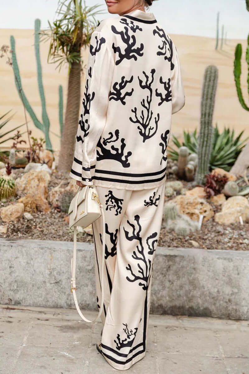 Geometric Print Long Sleeve Top & wide-leg pants